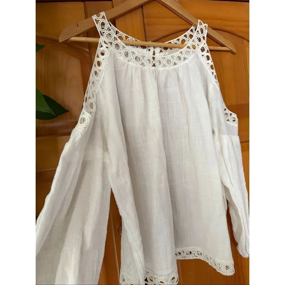 Miss Love White Boho Cold Shoulder Lace Trim Blouse Small - Picture 3 of 12